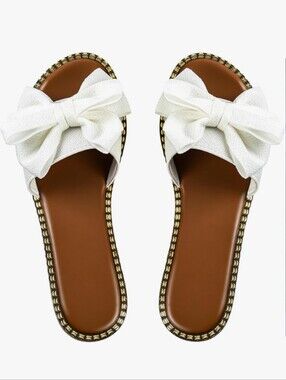 Women's Bow Knot Slides Open Toe Flat Sandals Summer Slip On Slippers
